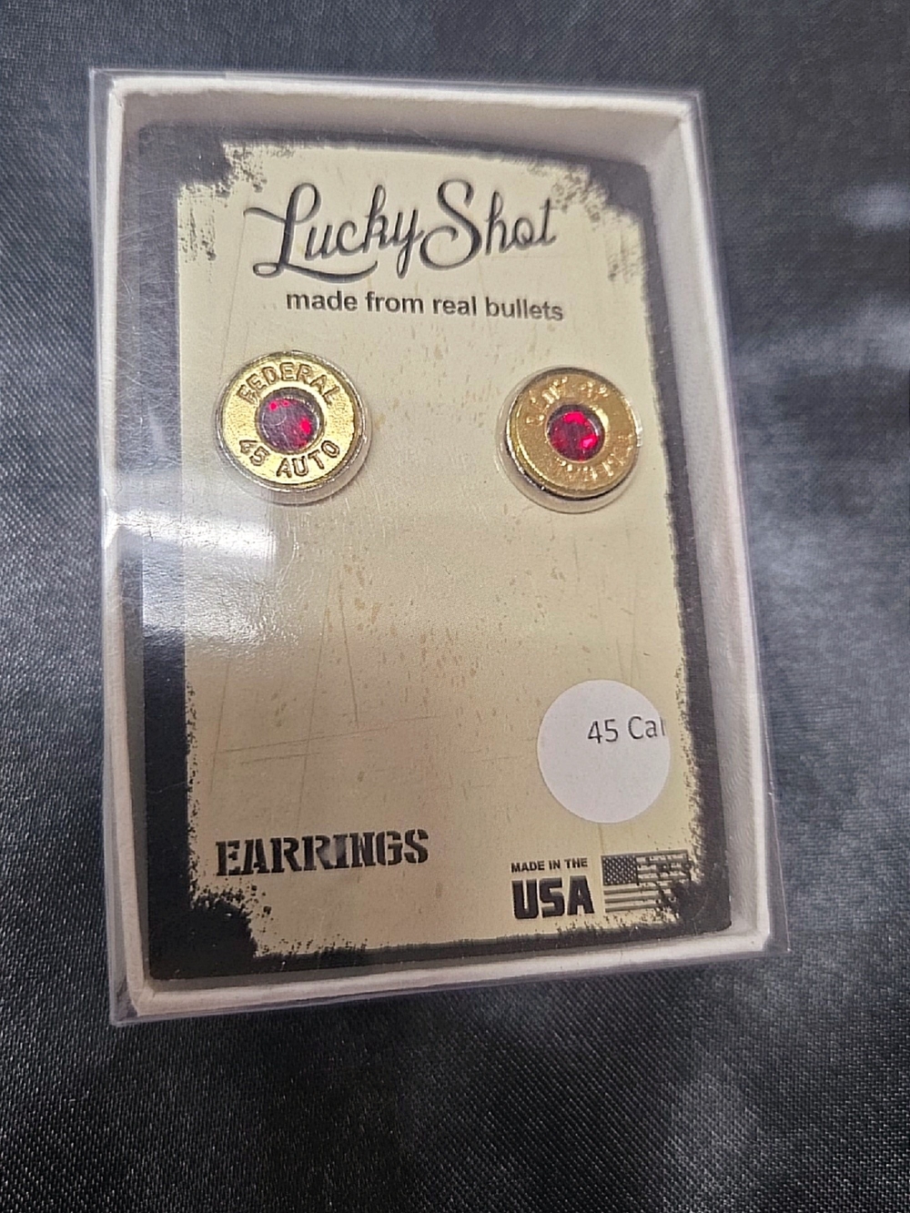 Lucky Shot .45 Cal Bullet Earrings with Red Rhinestones